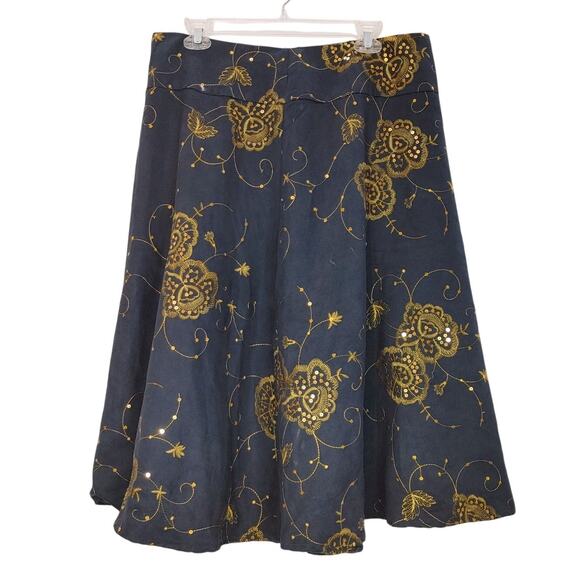 Richard Malcolm A LIne Midi Skirt Floral Sequin Embroidered Gold Black Womens 14 - Picture 1 of 7